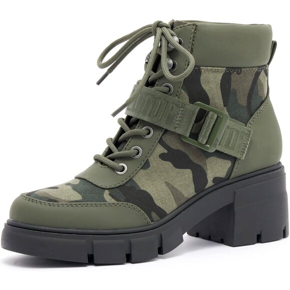 Women's Green Combat Boots Chunky Lug Sole Ankle Boots Lace Up Buckle